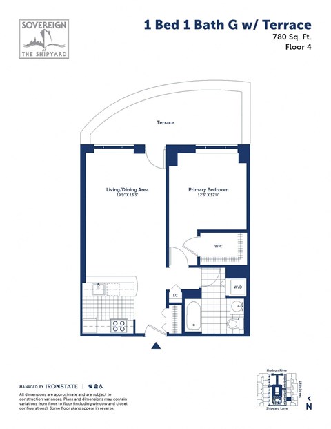 Floor plan for 1 bed, 1 bath, 780 sqft